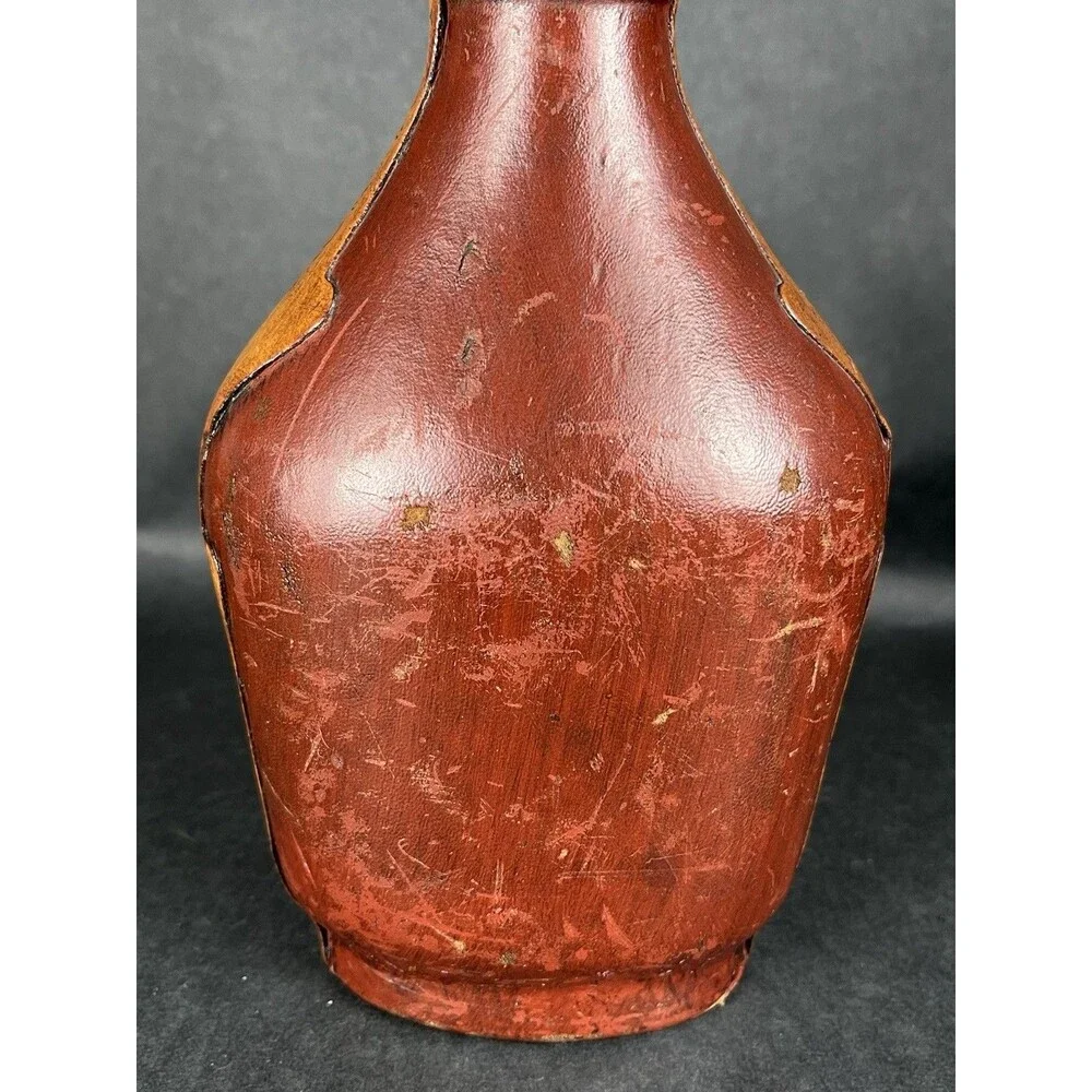 VTG Italian Leather Wrapped Decanter Bottle Fleur-de-lis Shield Crest MCM 13”